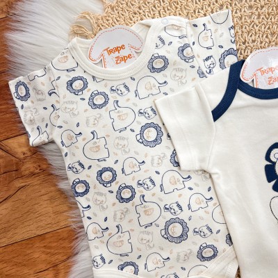 Conj. de Malha 3 peças - Leãozinho e Safari - Off White e Marinho